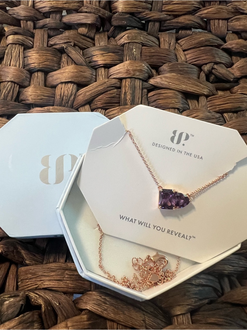 bp Purple Stone Teardrop Necklace in Rose Gold Tone. Call Me Classic
